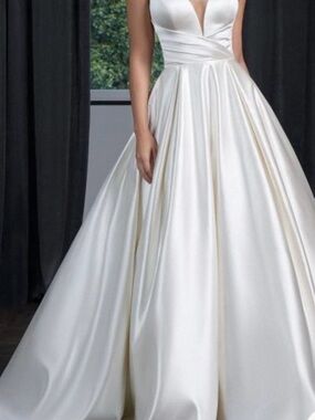 Elegant White Satin Ball Gown Dress with Plunging V-Neck